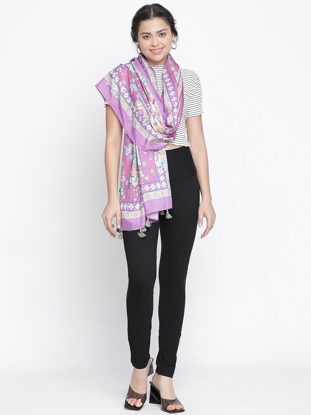 

SHINGORA Women Printed Stole With Tasselled Border, Mauve