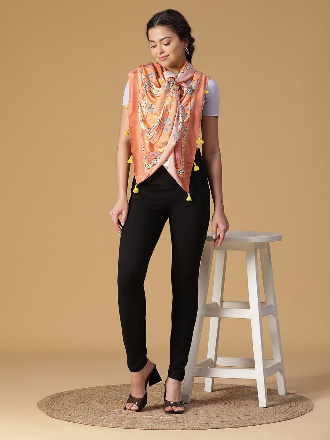 

SHINGORA Women Printed Stole With Tasselled Border, Peach