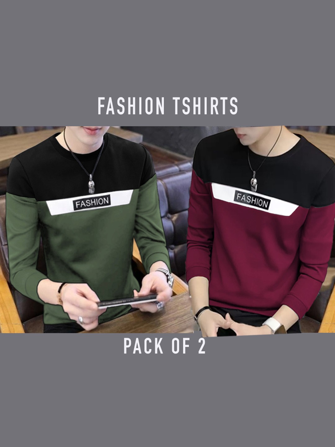 

BLIVE Pack Of 2 Colourblocked Round Neck Cotton T-shirts, Olive