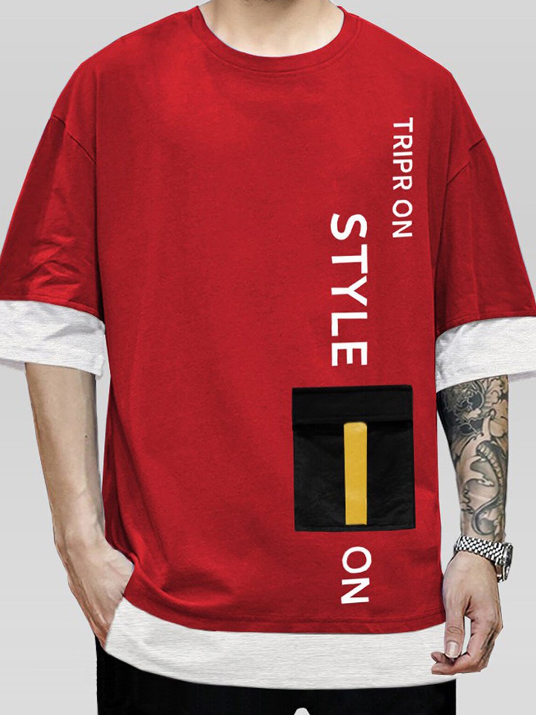 

TRIPR Typography Printed Drop-Shoulder Sleeves Cotton T-shirt, Red
