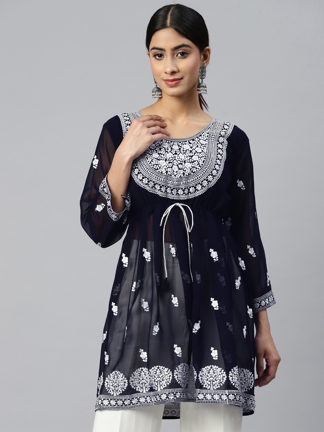 

WEAVETECH IMPEX Floral Embroidered Georgette Longline Top, Blue