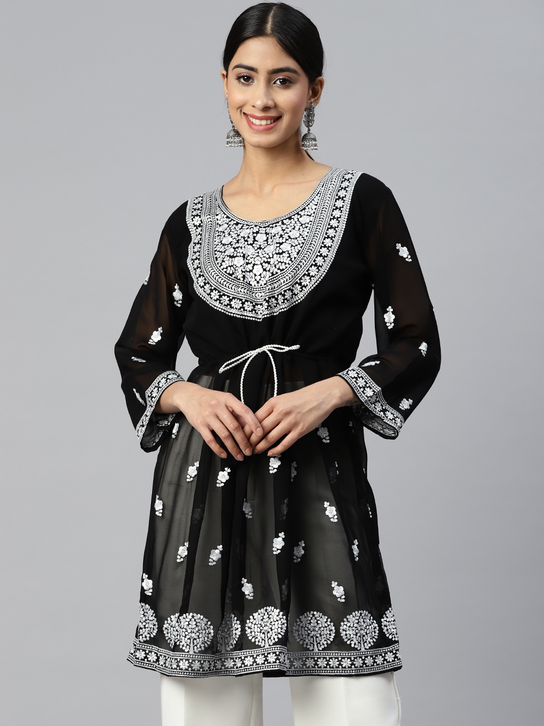 

WEAVETECH IMPEX Floral Embroidered Georgette Longline Top, Black
