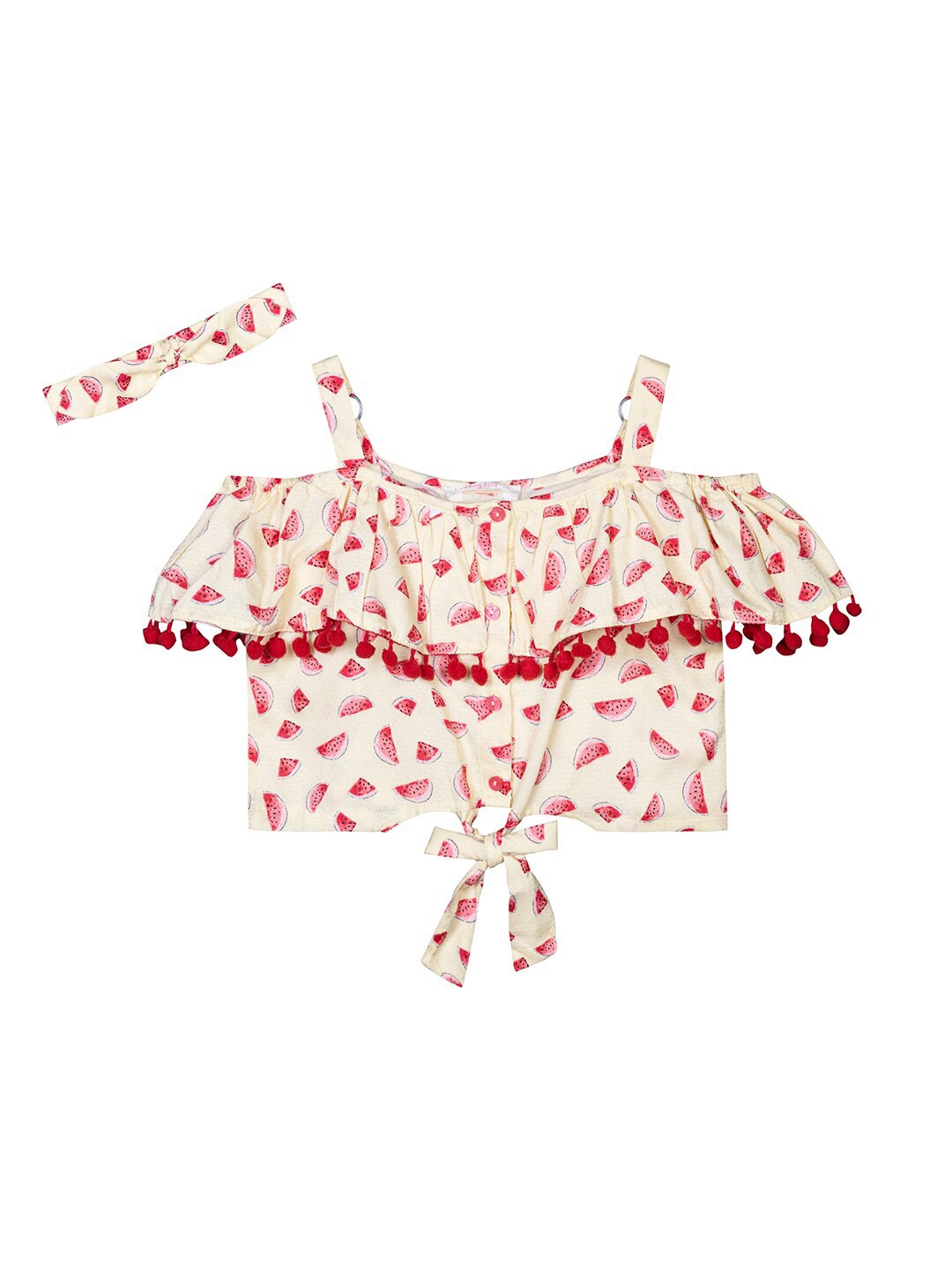 

Budding Bees Conversational Print Cold-Shoulder Crop Top With Hairband, Yellow