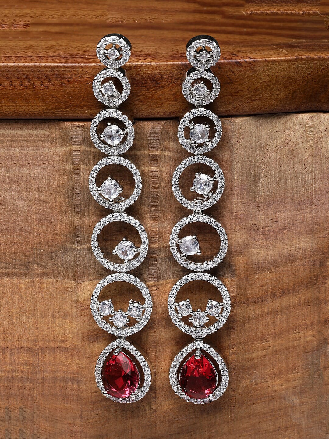 

ZENEME Rhodium-Plated American Diamond Studded Circular Shaped Drop Earrings, Red