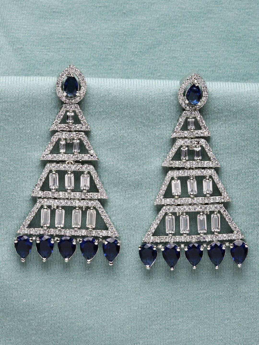 

ZENEME Rhodium-Plated American Diamond Studded Triangular Shaped Drop Earrings, Blue