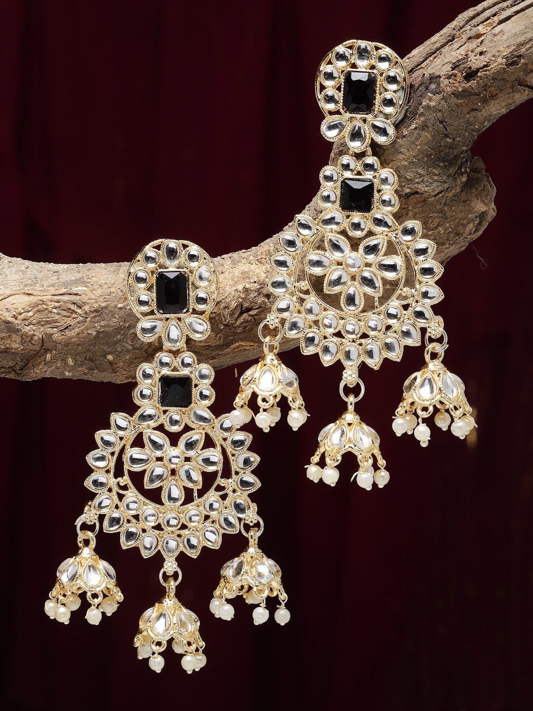 

ZENEME Gold-Plated Kundan Studded Contemporary Drop Earrings