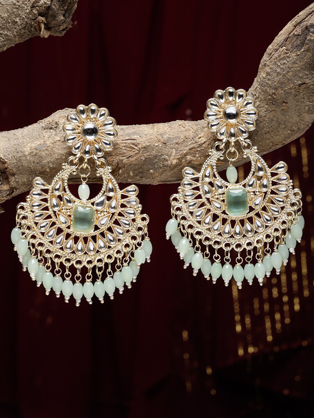 

ZENEME Gold-Plated Kundan Studded Crescent Shaped Chandbalis