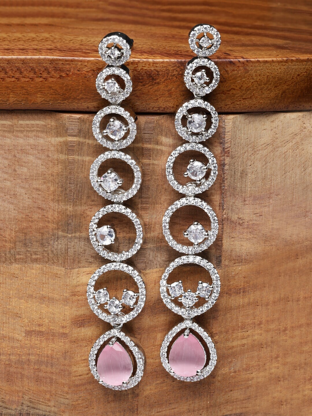 

ZENEME Rhodium-Plated American Diamond studded Circular Shaped Drop Earrings, Silver