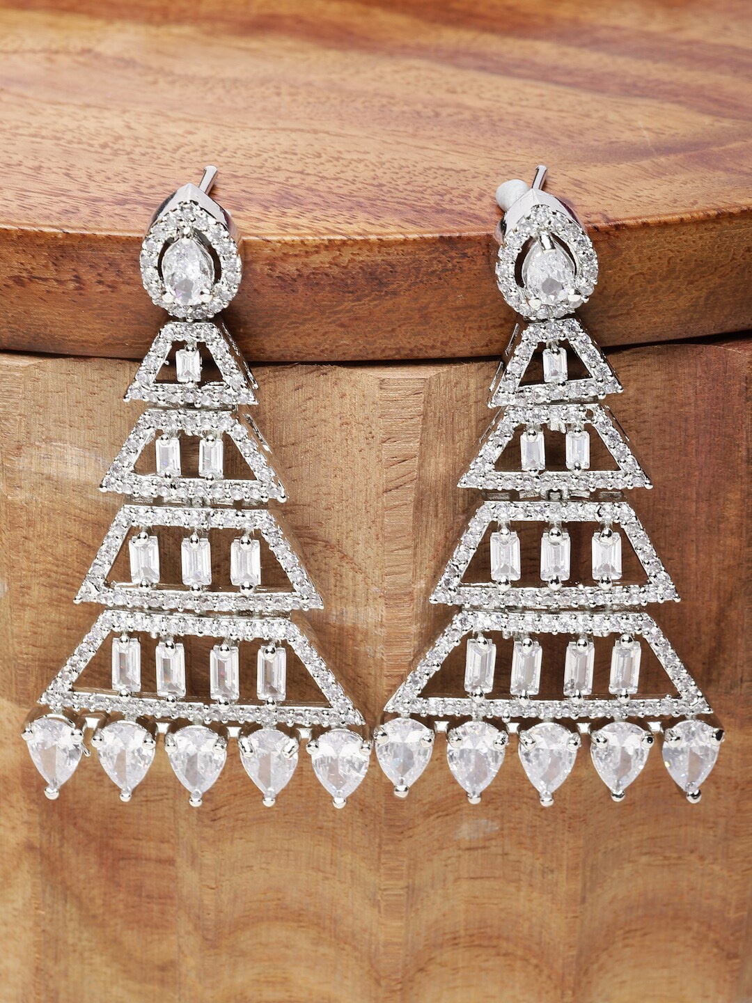 

ZENEME Rhodium-Plated American Diamond Studded Triangular Shaped Drop Earrings, Silver