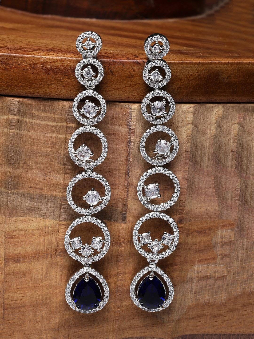 

ZENEME Rhodium-Plated American Diamond studded Circular Shaped Drop Earrings, Navy blue