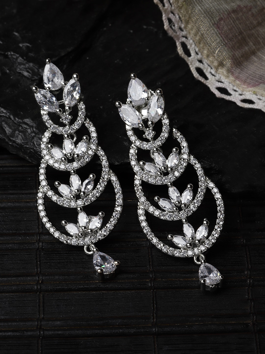 

ZENEME Rhodium-Plated American Diamond Studded Crescent Shaped Drop Earrings, Silver