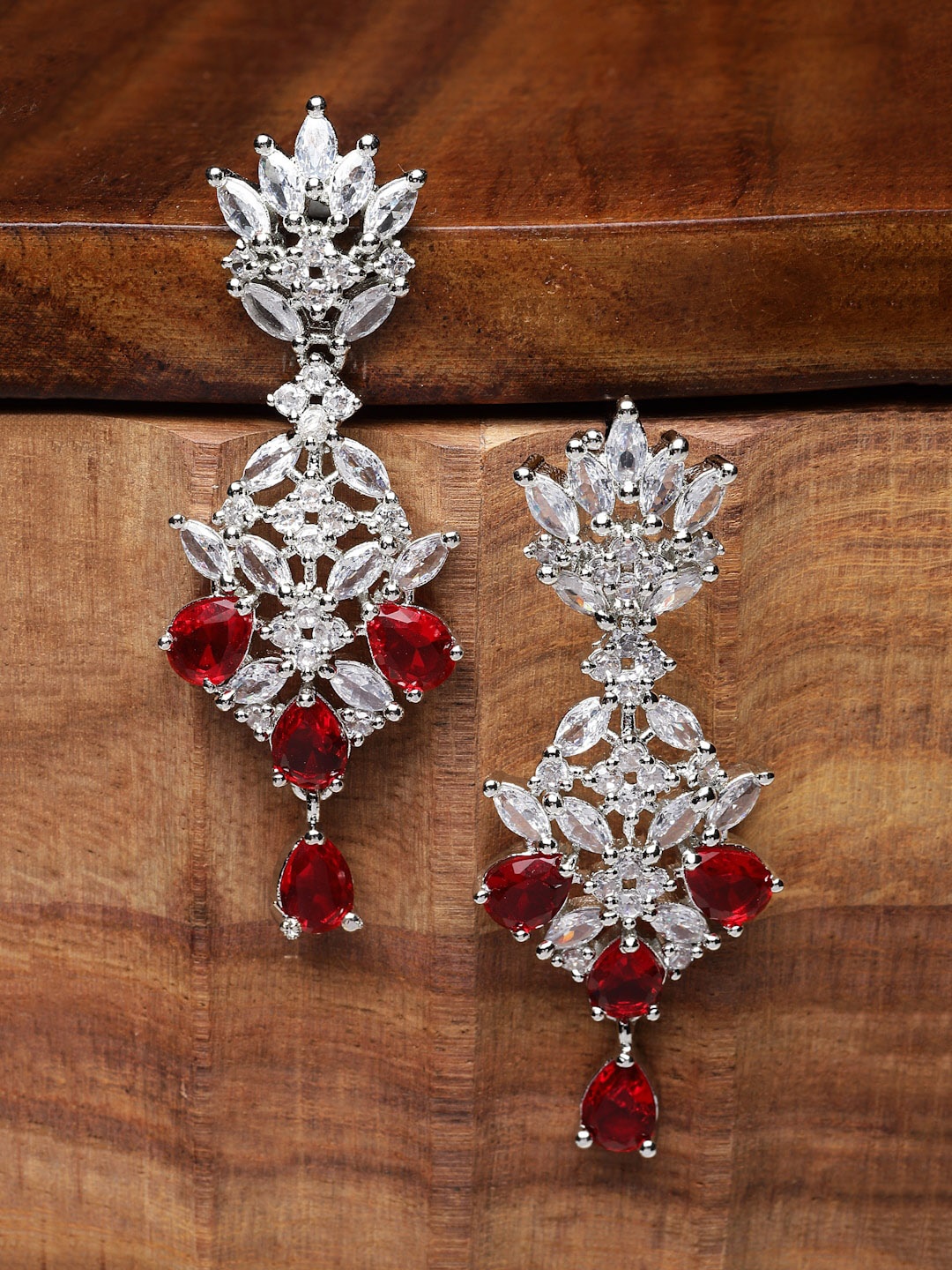 

ZENEME Rhodium-Plated American Diamond studded Spiked Shaped Drop Earrings, Silver