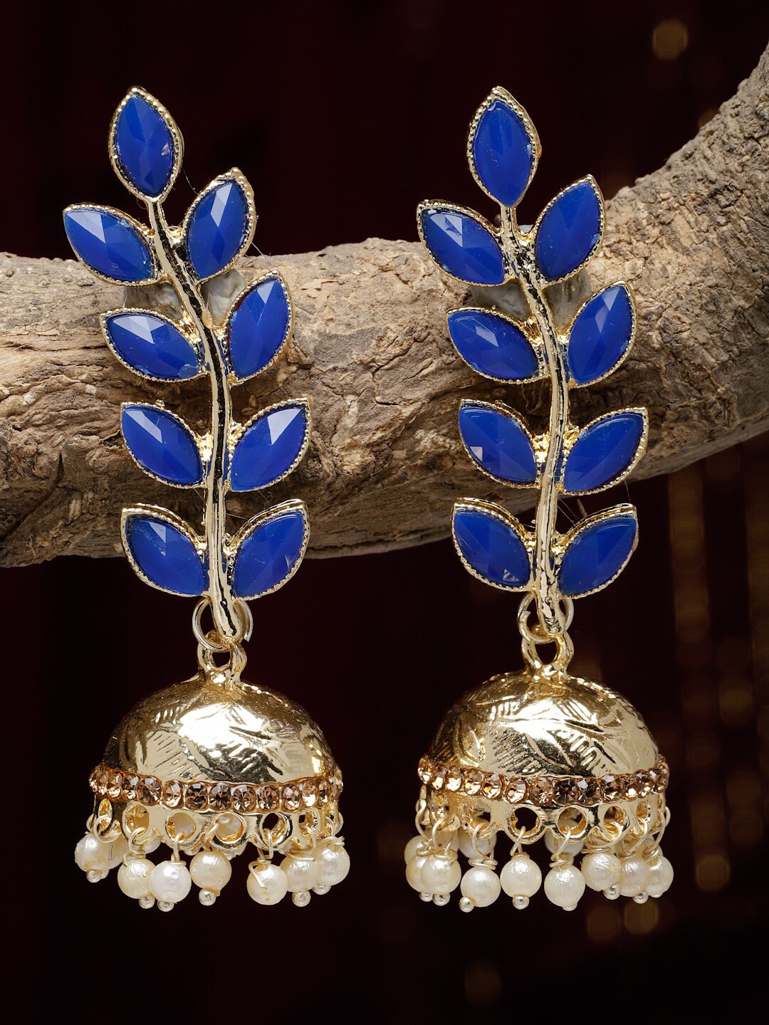 

ZENEME Gold-Plated Kundan Studded Dome Shaped Jhumkas, Blue