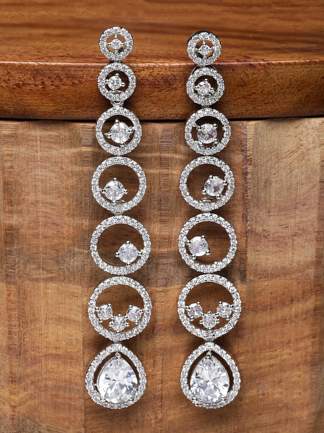 

ZENEME Rhodium-Plated American Diamond Studded Circular Shaped Drop Earrings, Silver
