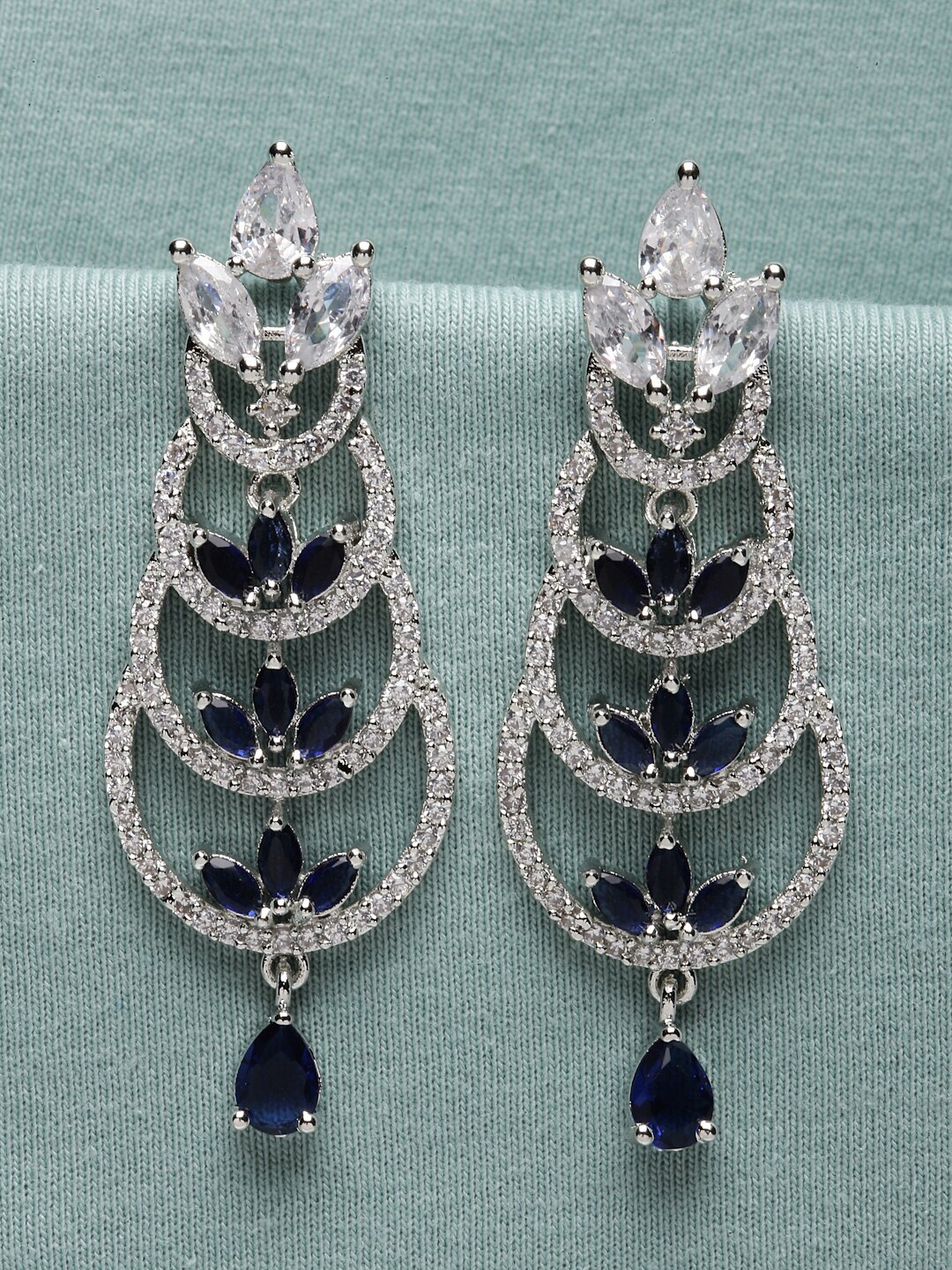 

ZENEME Rhodium-Plated Silver Toned American Diamond Studded Crescent Shaped Drop Earrings, Navy blue