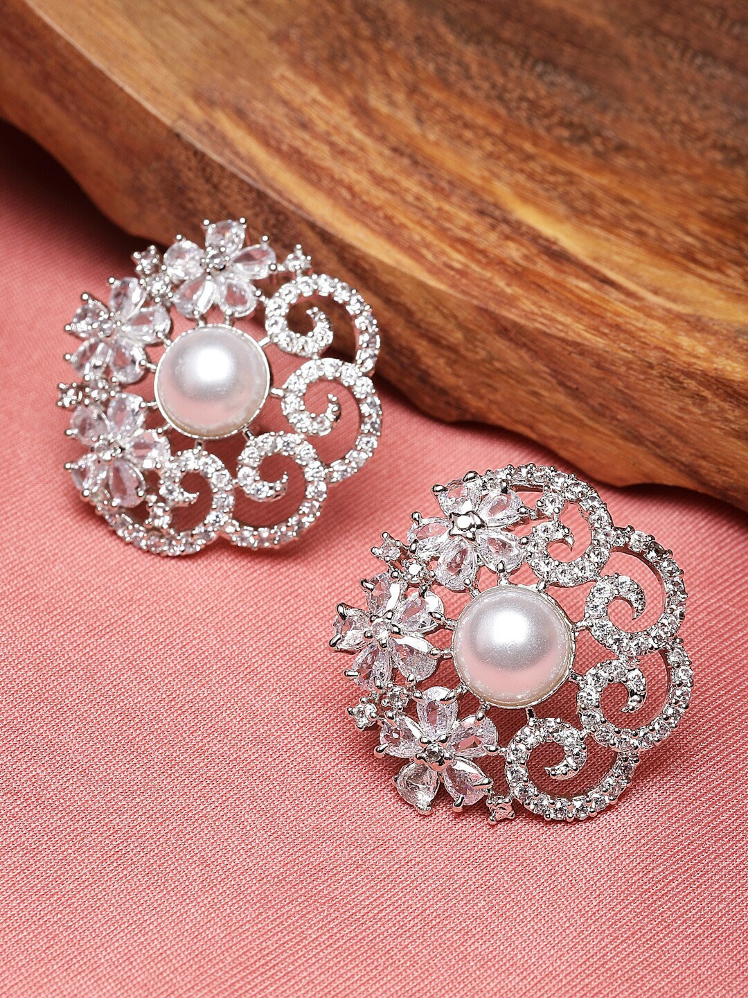 

ZENEME Rhodium-Plated Floral Studs Earrings, Silver