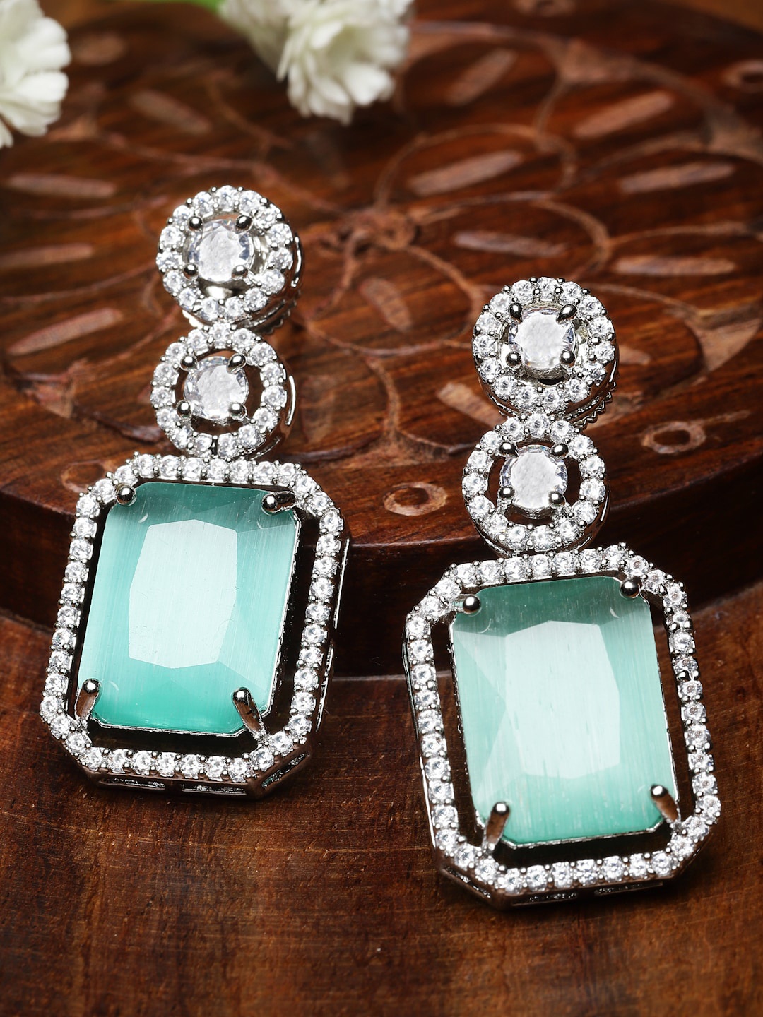 

ZENEME Rhodium-Plated American Diamond Studded Geometric Shape Drop Earrings, Silver