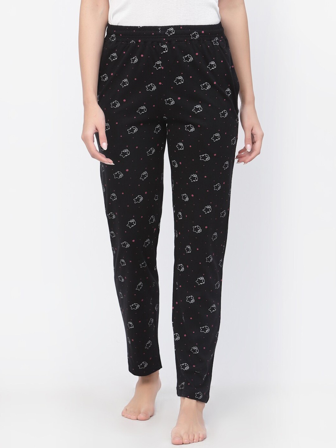 

Floret Women Mid-Rise Printed Cotton Lounge Pants, Black