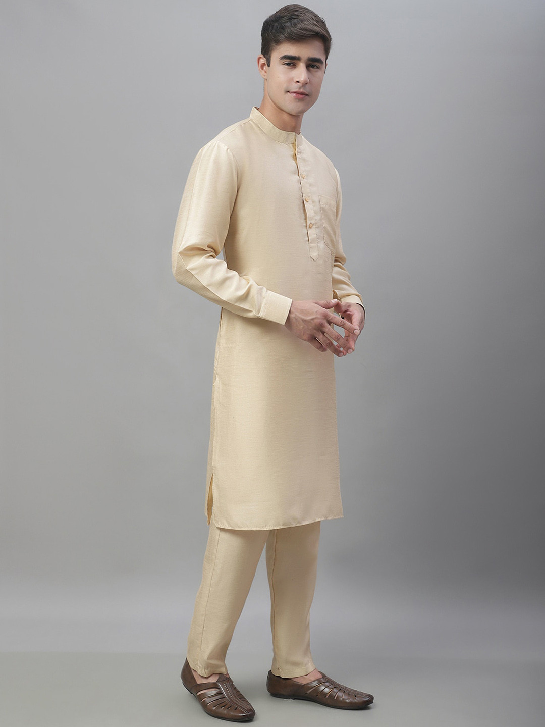 

Anouk Beige Mandarin Collar Straight Kurta With Pyjamas