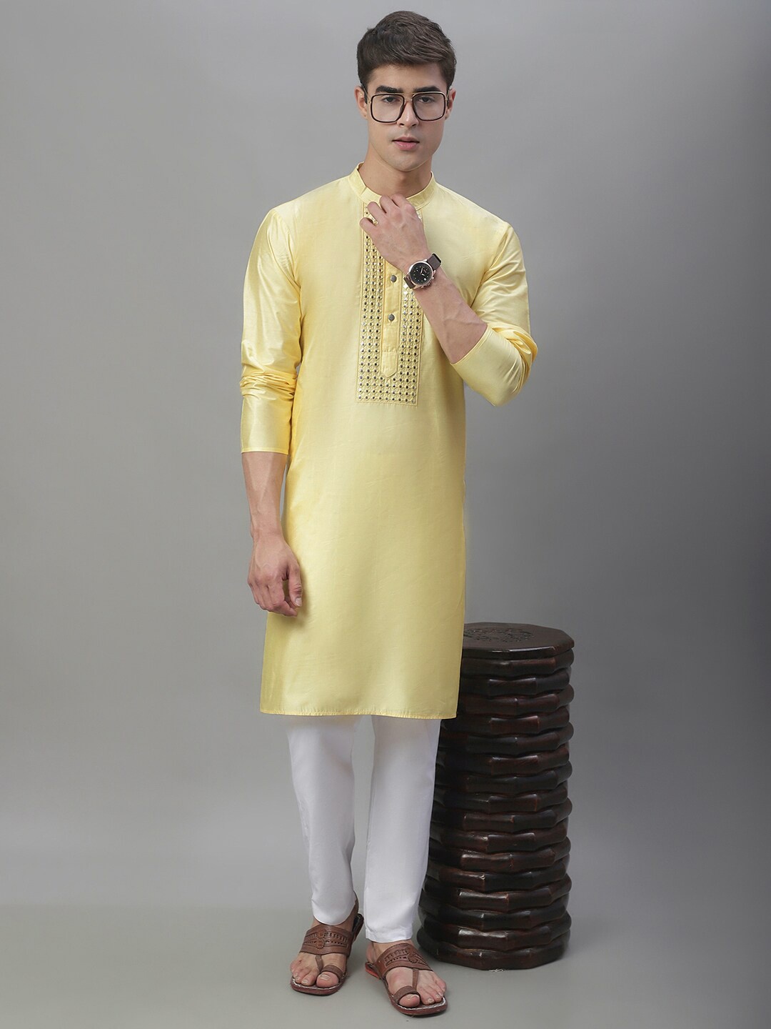 

Anouk Yellow & White Band Collar Mirror Work Kurta With Pyjamas