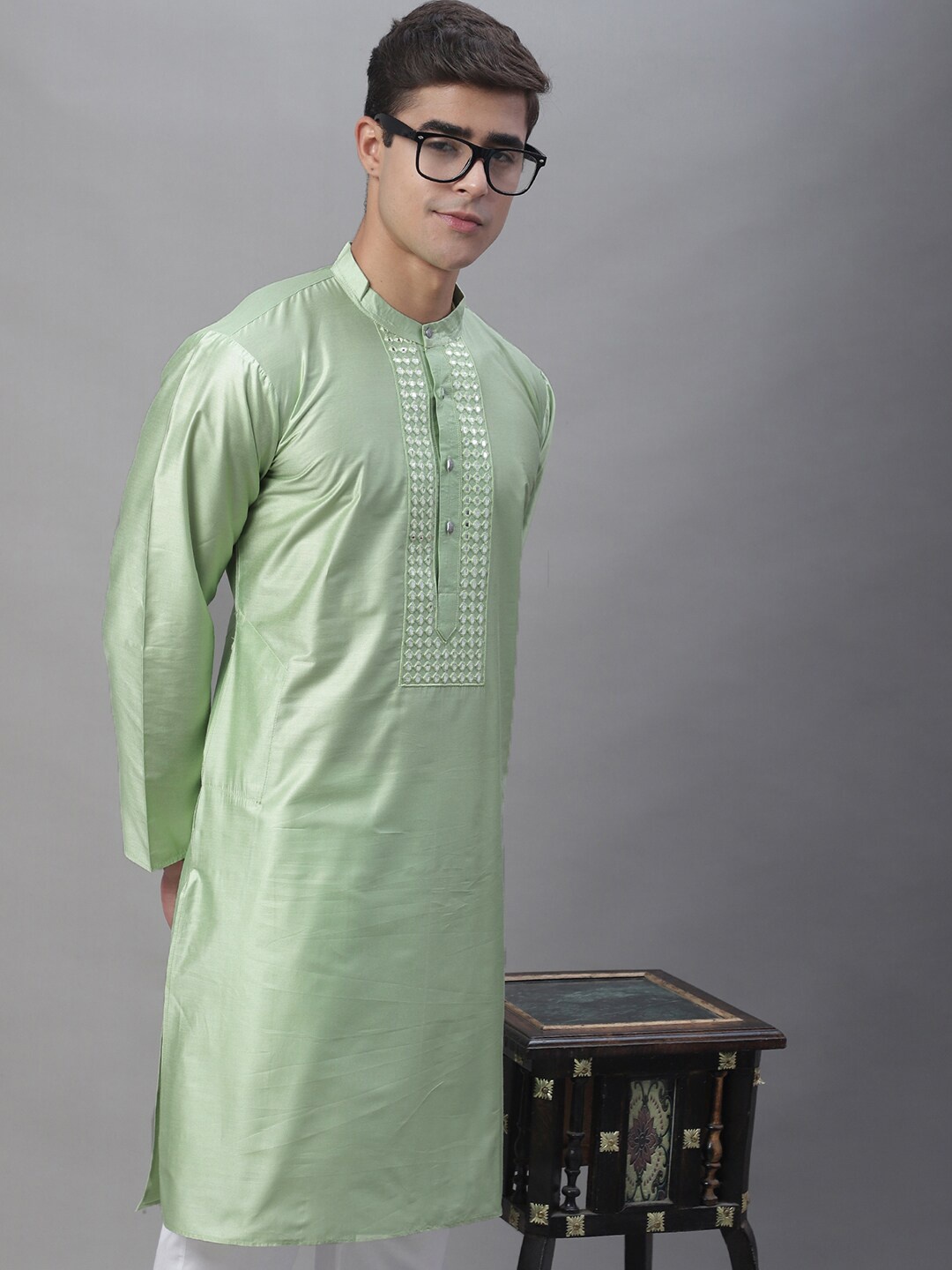 Anouk Sea Green & White Band Collar Mirror Work Kurta With Pyjamas