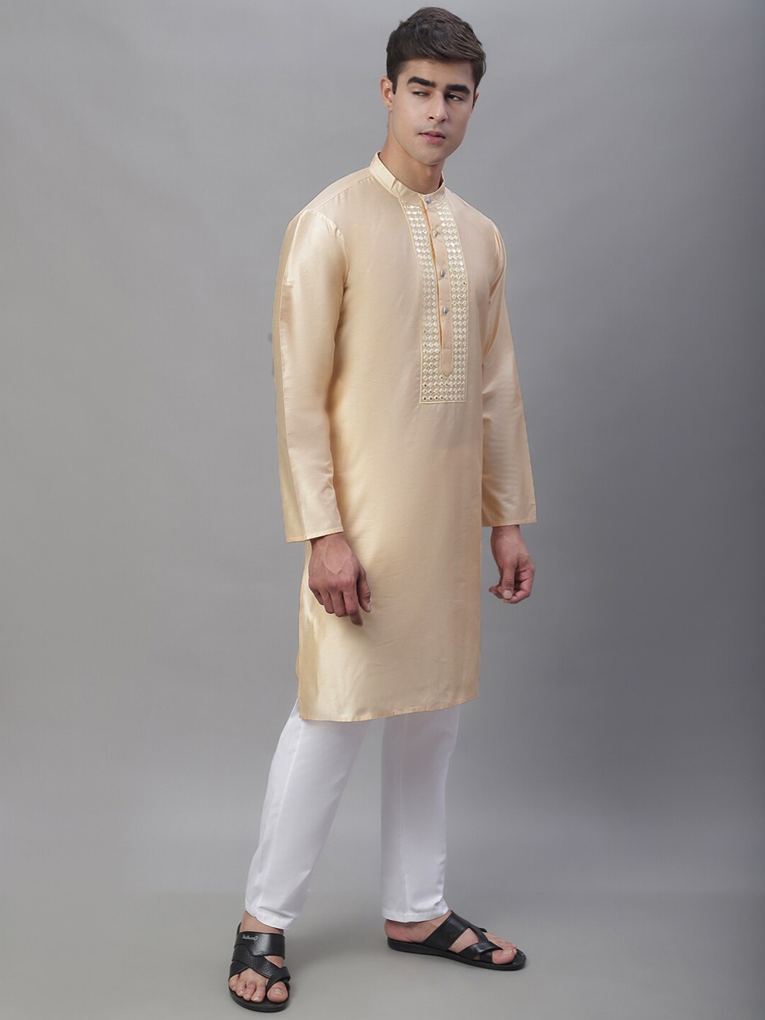 Anouk Cream-Coloured & White Band Collar Mirror Work Kurta With Pyjamas