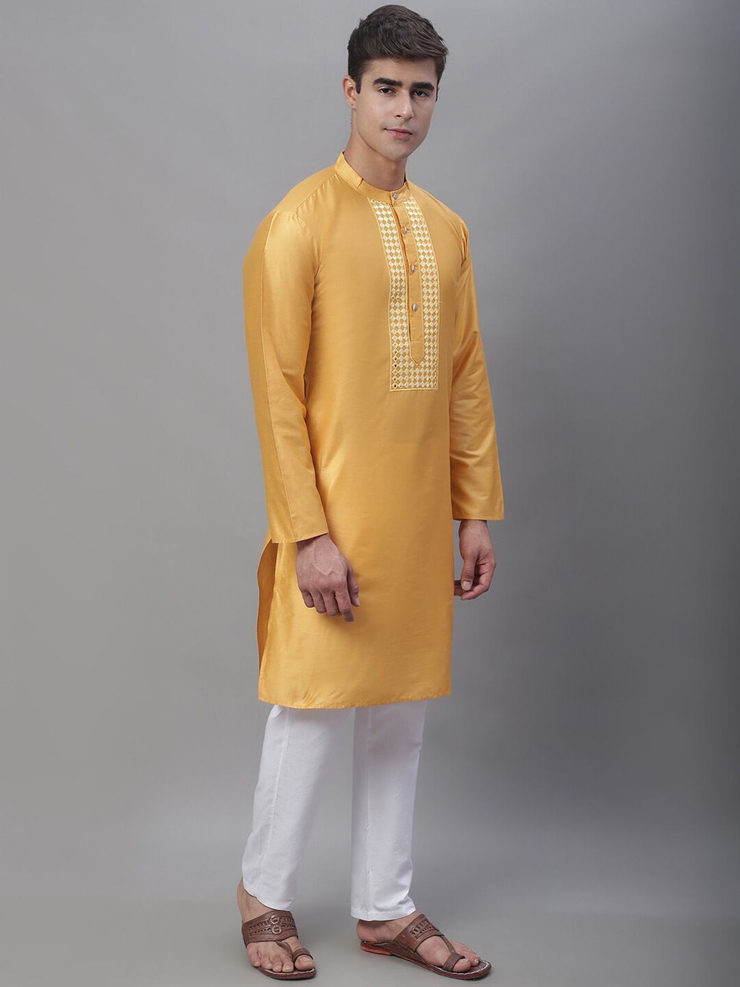 

Anouk Mustard Yellow & White Band Collar Mirror Work Kurta with Pyjamas