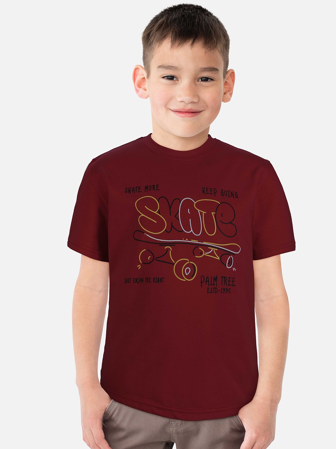 

Palm Tree Infant Boys Typography Printed Pure Cotton T-shirt, Maroon