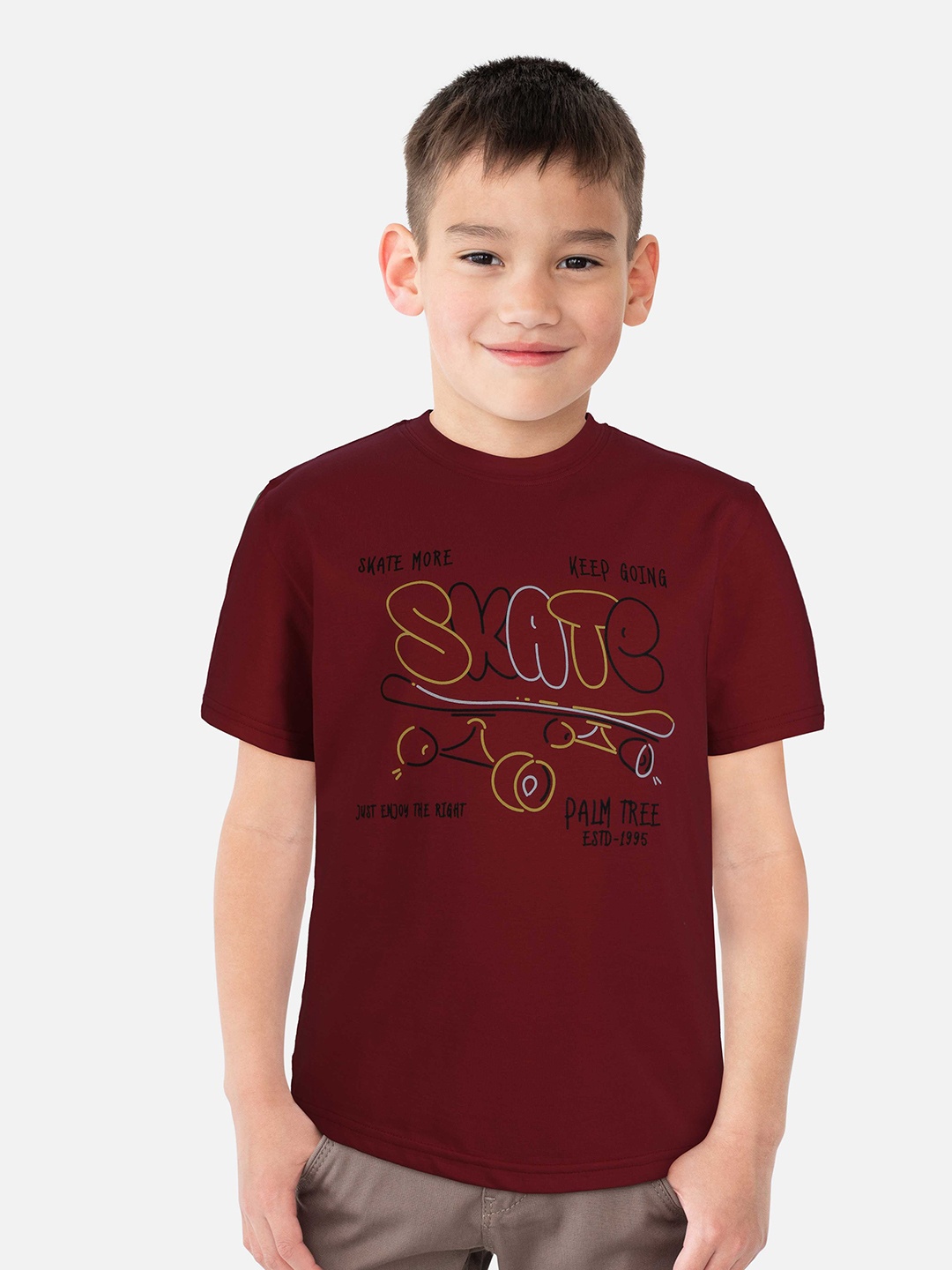 

Palm Tree Boys Typography Printed Pure Cotton T-shirt, Maroon