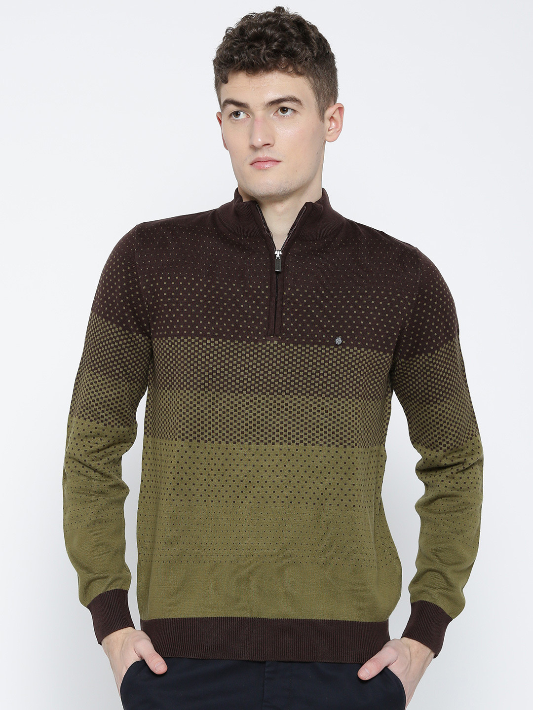 

Blackberrys Men Olive Green & Brown Self-Design Sweater