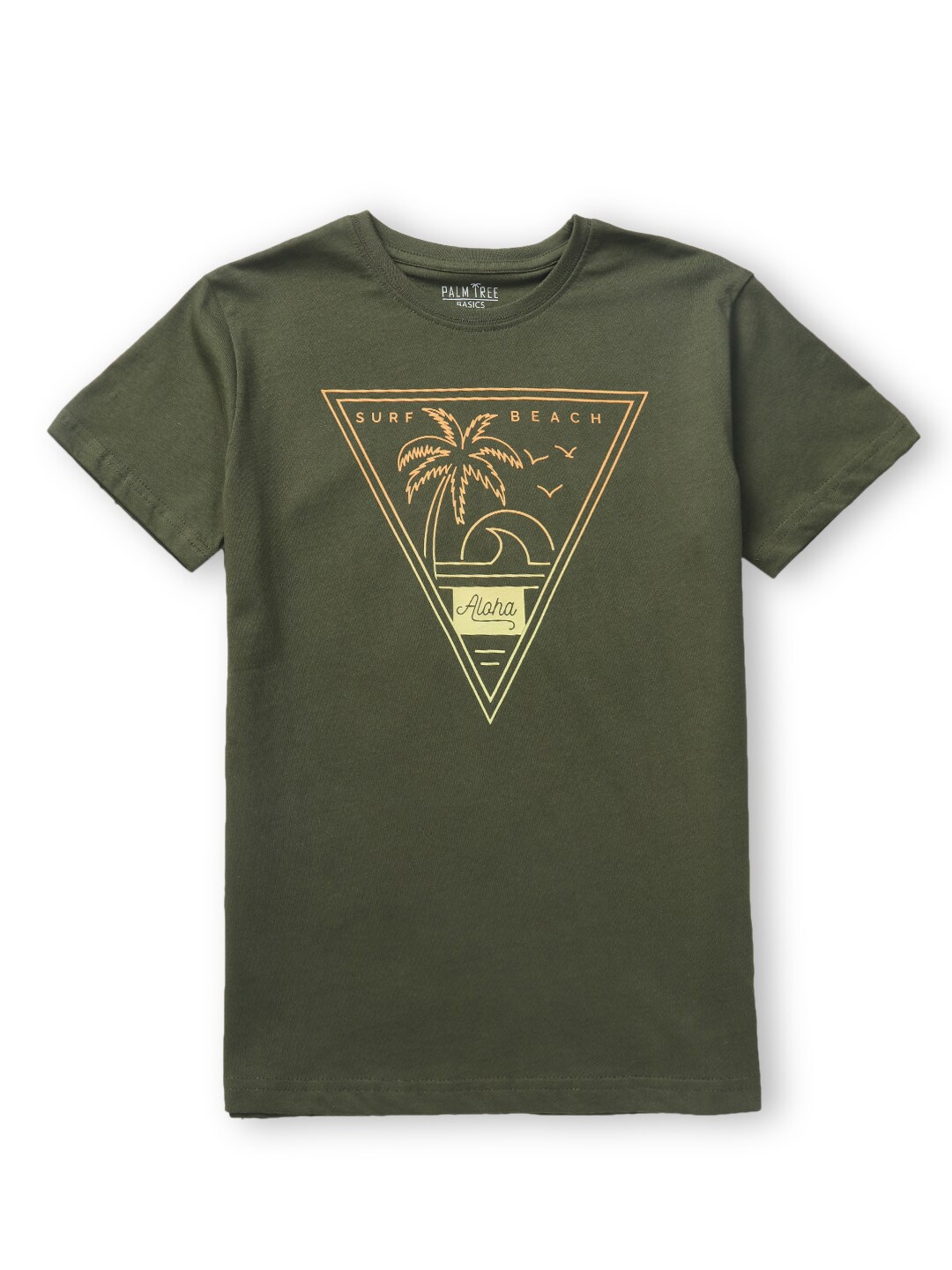 

Palm Tree Boys Graphic Printed Round Neck Cotton T-shirt, Olive