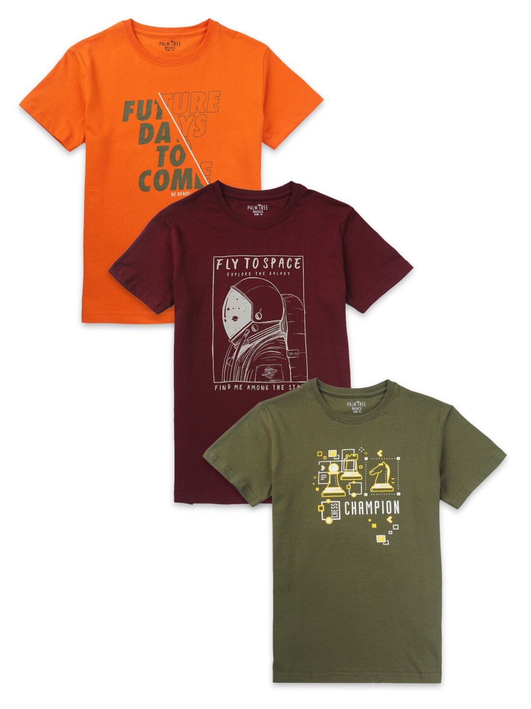

Palm Tree Boys Pack Of 3 Typography Printed Cotton T-shirt, Orange