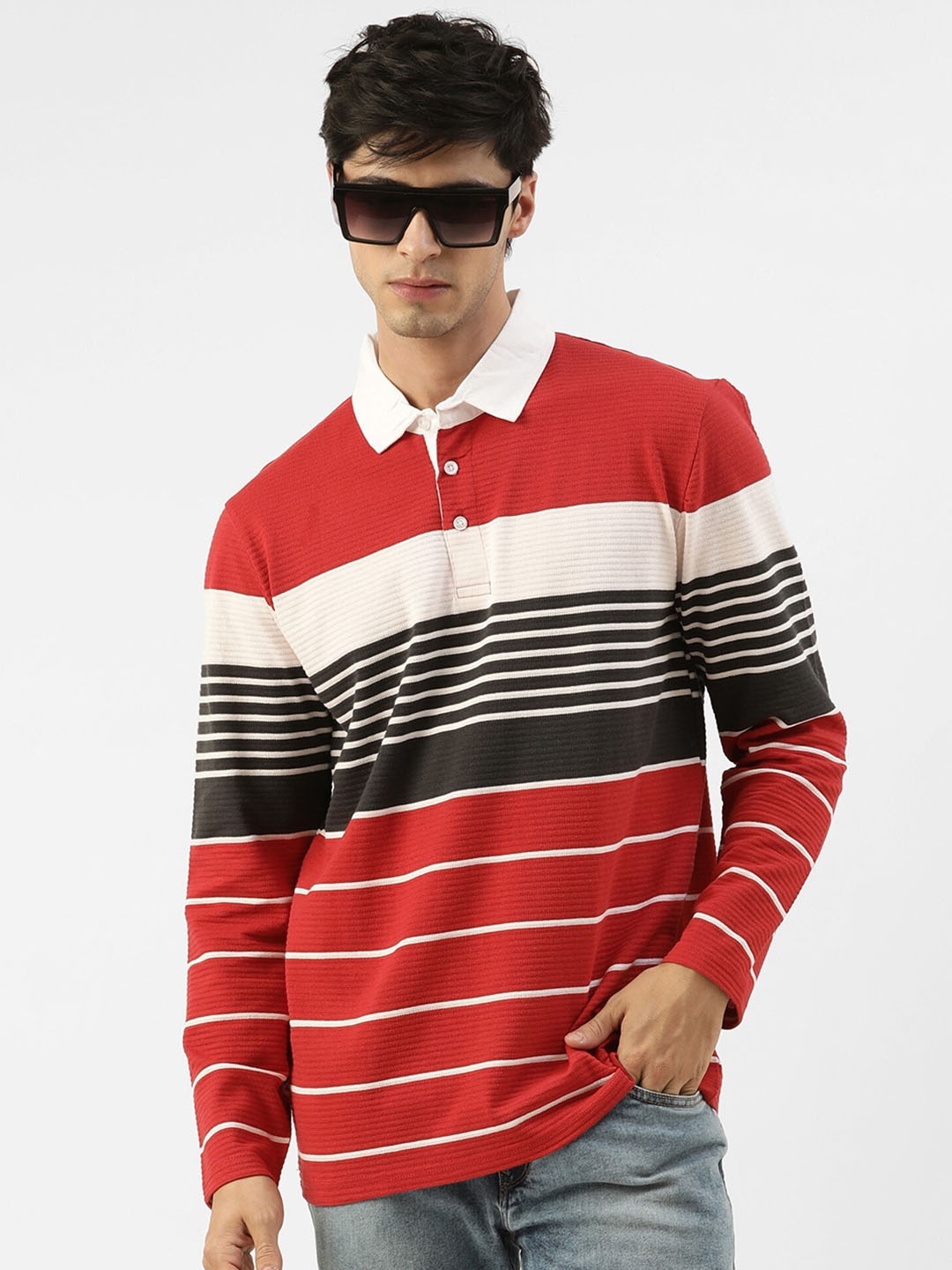 

JUMPCUTS Vertical Striped Polo Collar Slim Fit Cotton T-shirt, Red