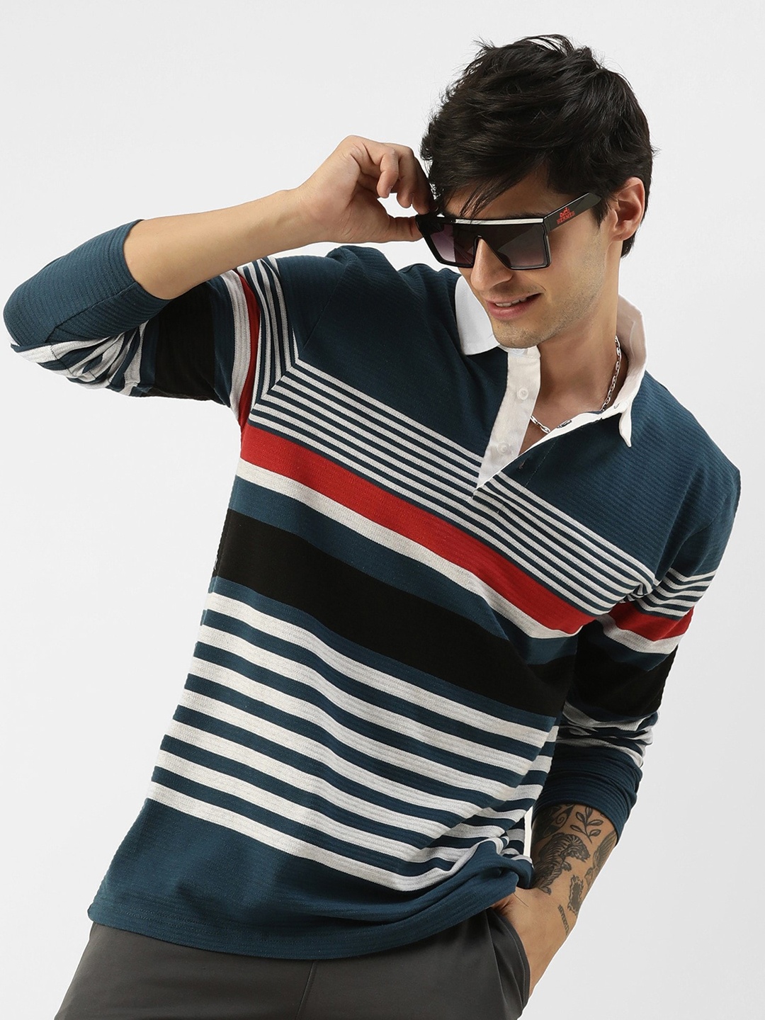 

JUMPCUTS Striped Polo Collar T-shirt, Teal