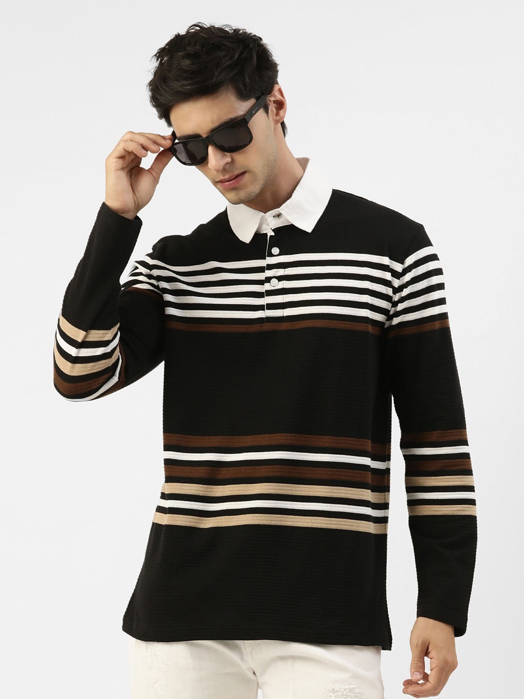 

JUMPCUTS Striped Polo Collar Slim Fit T-shirt, Black