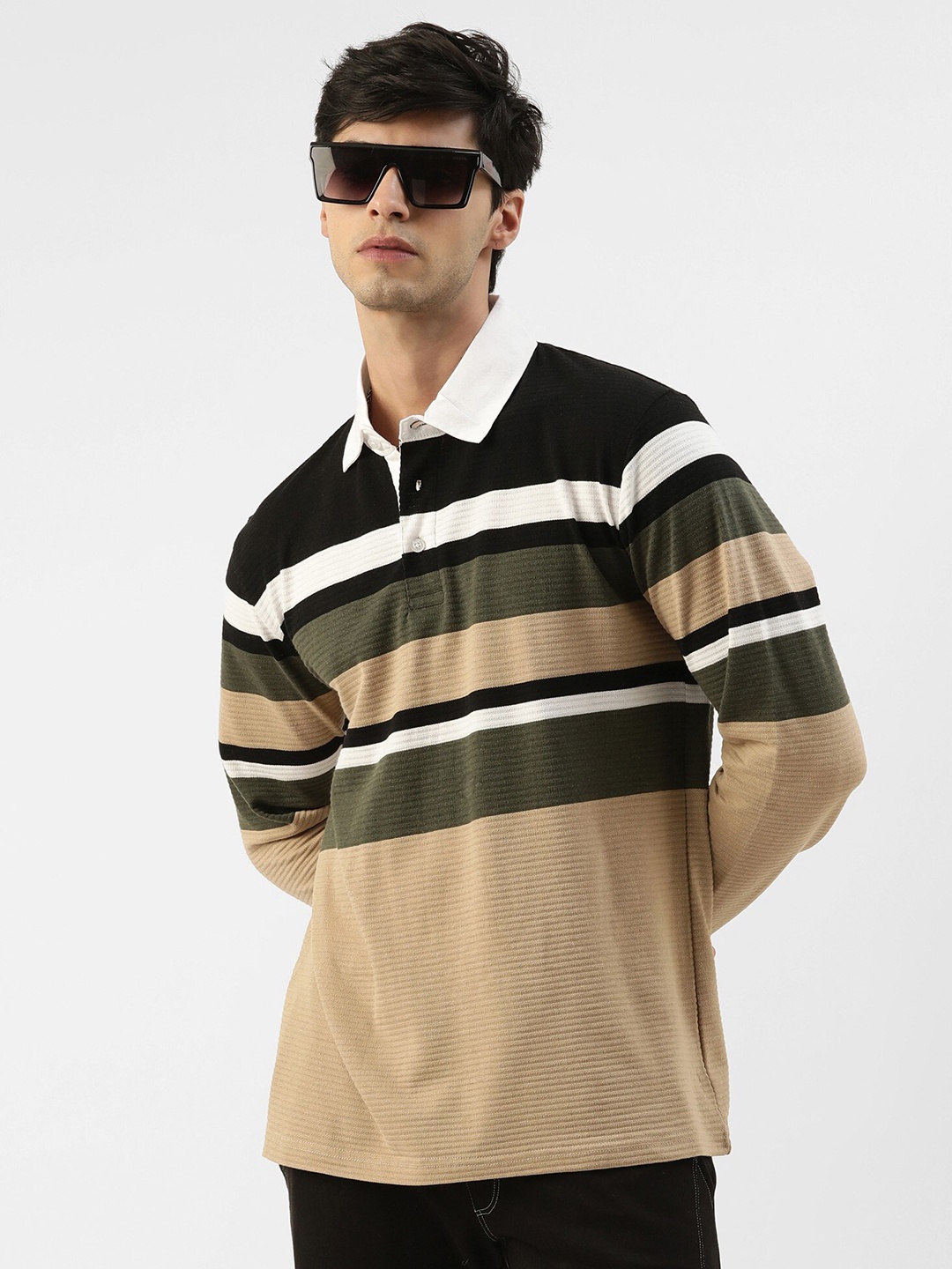 

JUMPCUTS Striped Polo Collar Slim Fit T-shirt, Black