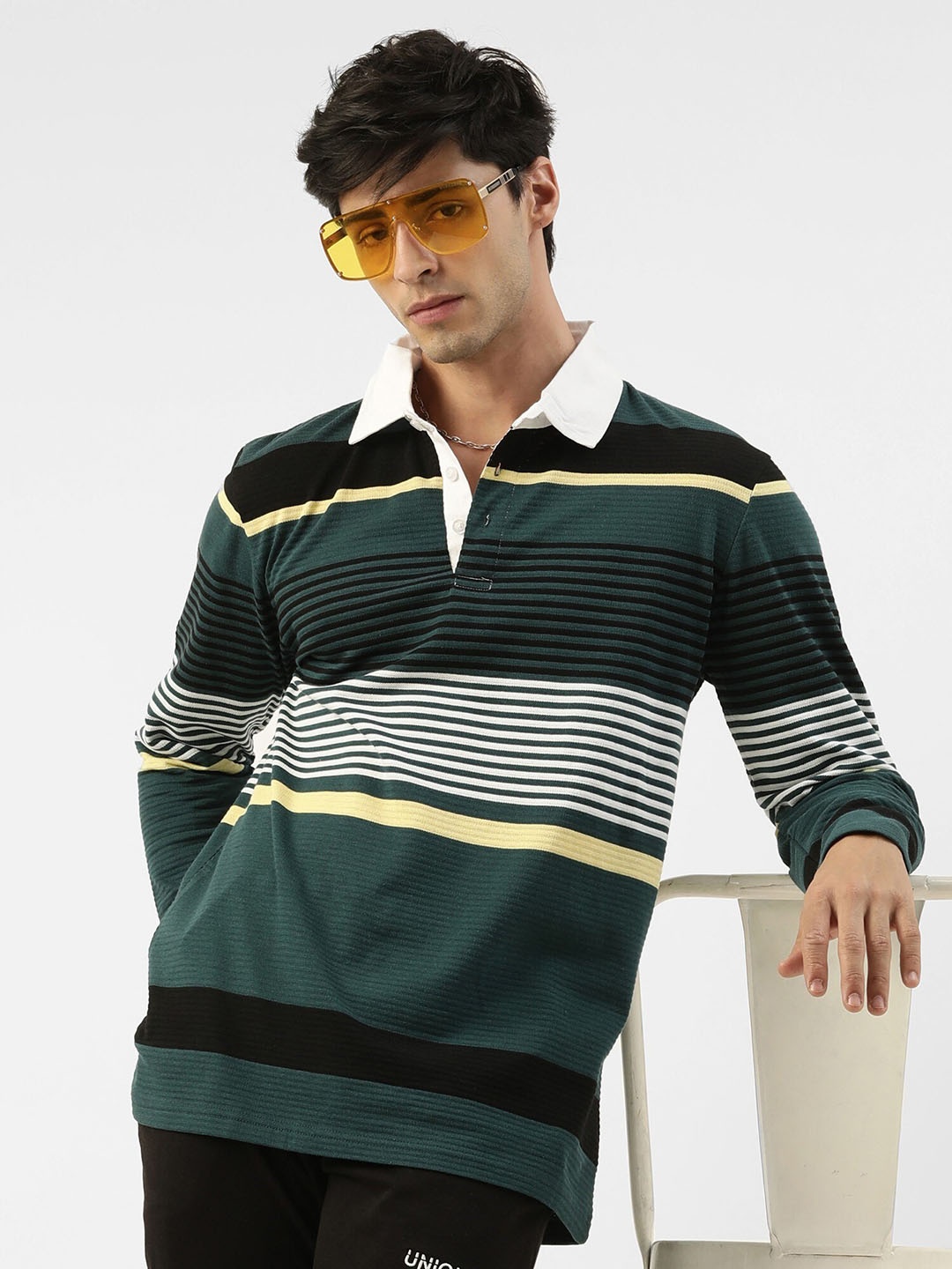 

JUMPCUTS Striped Polo Collar Slim Fit Cotton T-shirt, Green
