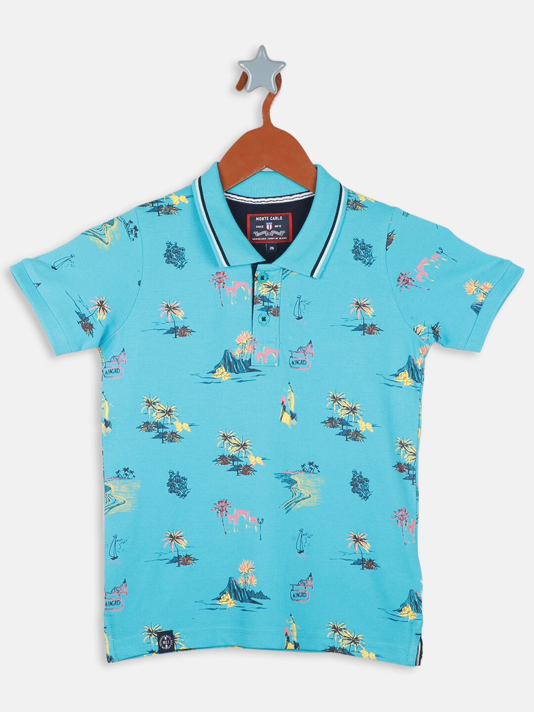 

Monte Carlo Boys Floral Printed Polo Collar Pure Cotton T-shirt, Blue