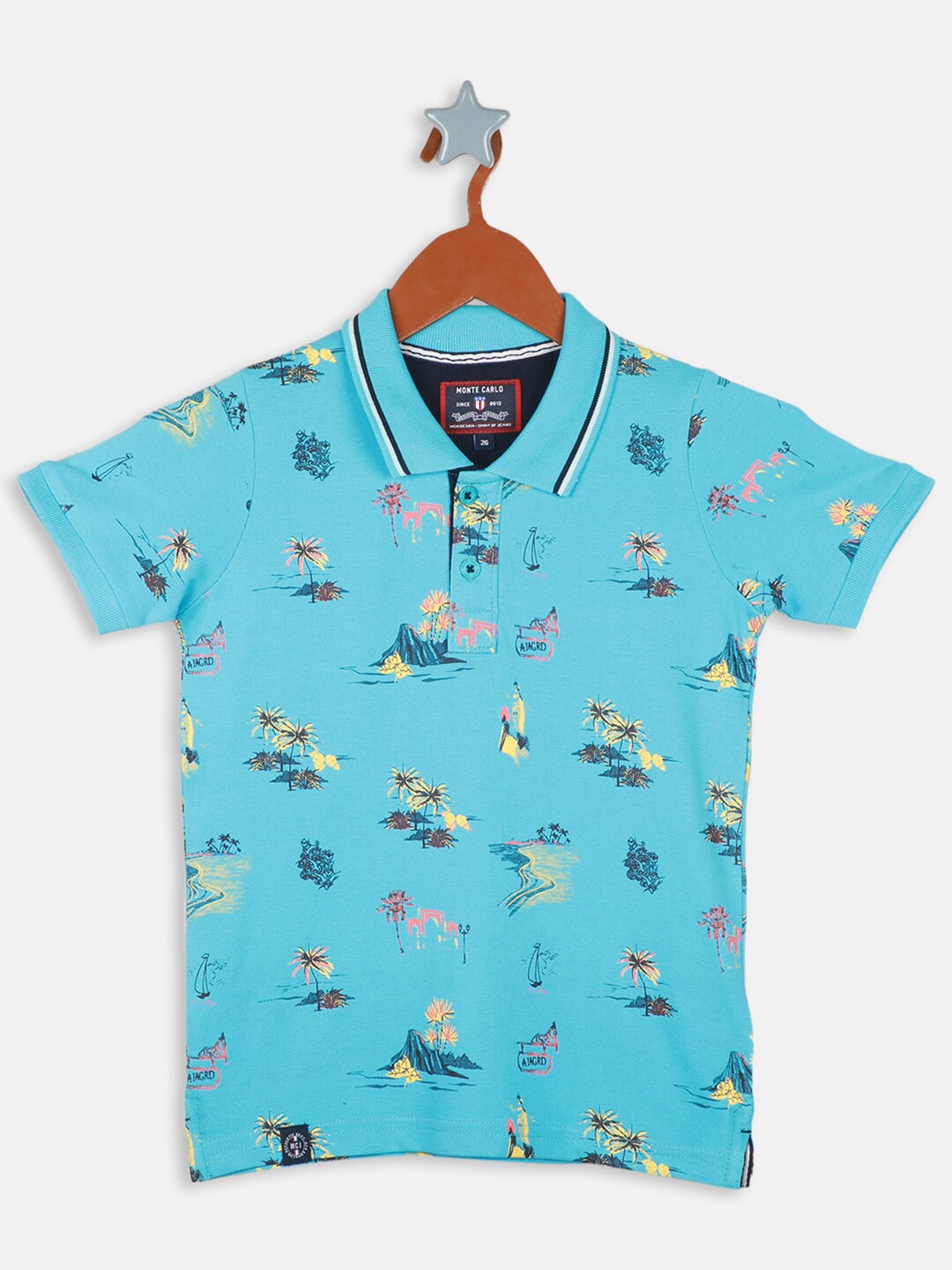 

Monte Carlo Boys Conversational Printed Polo Collar Cotton T-shirt, Blue