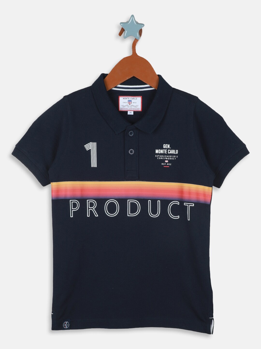 

Monte Carlo Boys Typography Printed Polo Collar Pure Cotton T-shirt, Navy blue