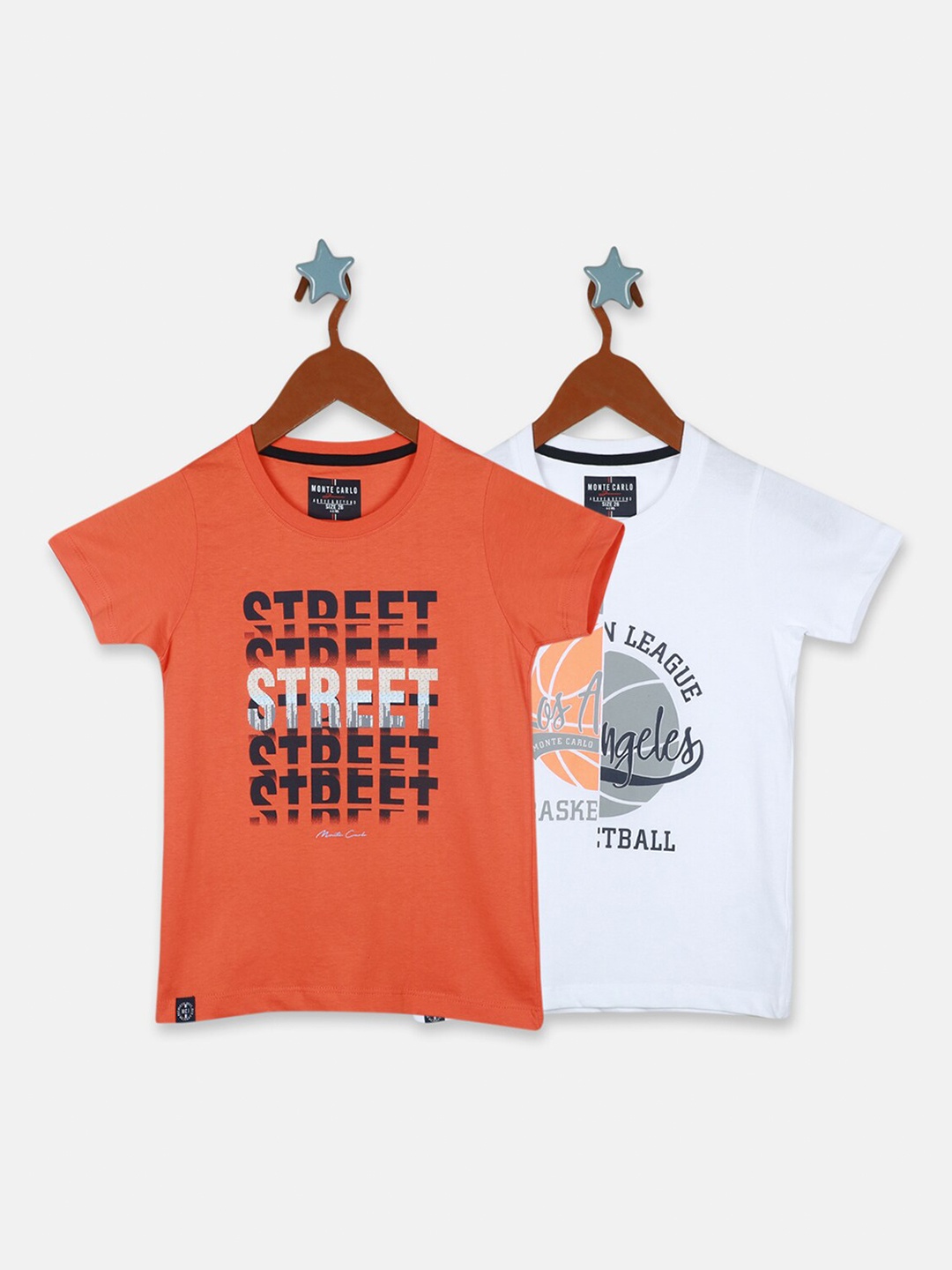 

Monte Carlo Boys Pack Of 2 Typography Printed Pure Cotton T-shirt, Orange