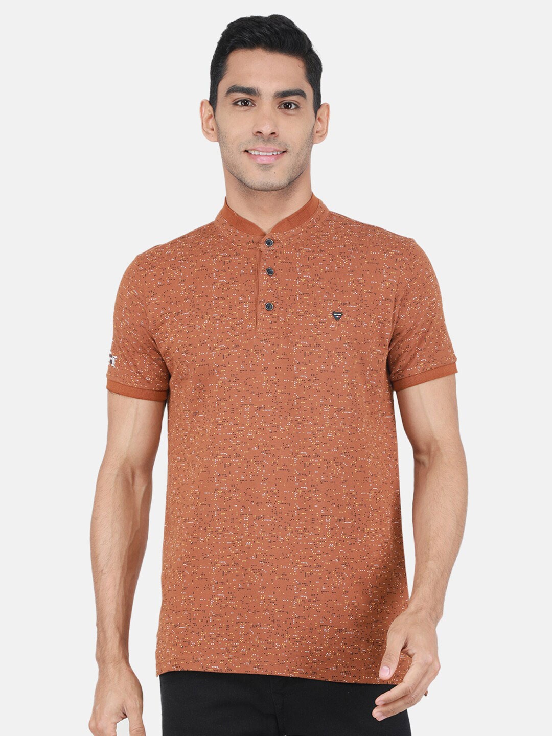 

Monte Carlo Polka Dots Printed Mandarin Collar Cotton T-shirt, Rust