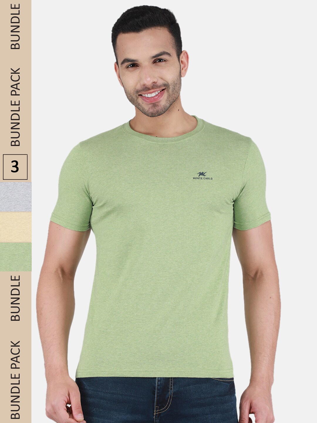 

Monte Carlo Pack Of 3 Round Neck Cotton T-shirt, Green