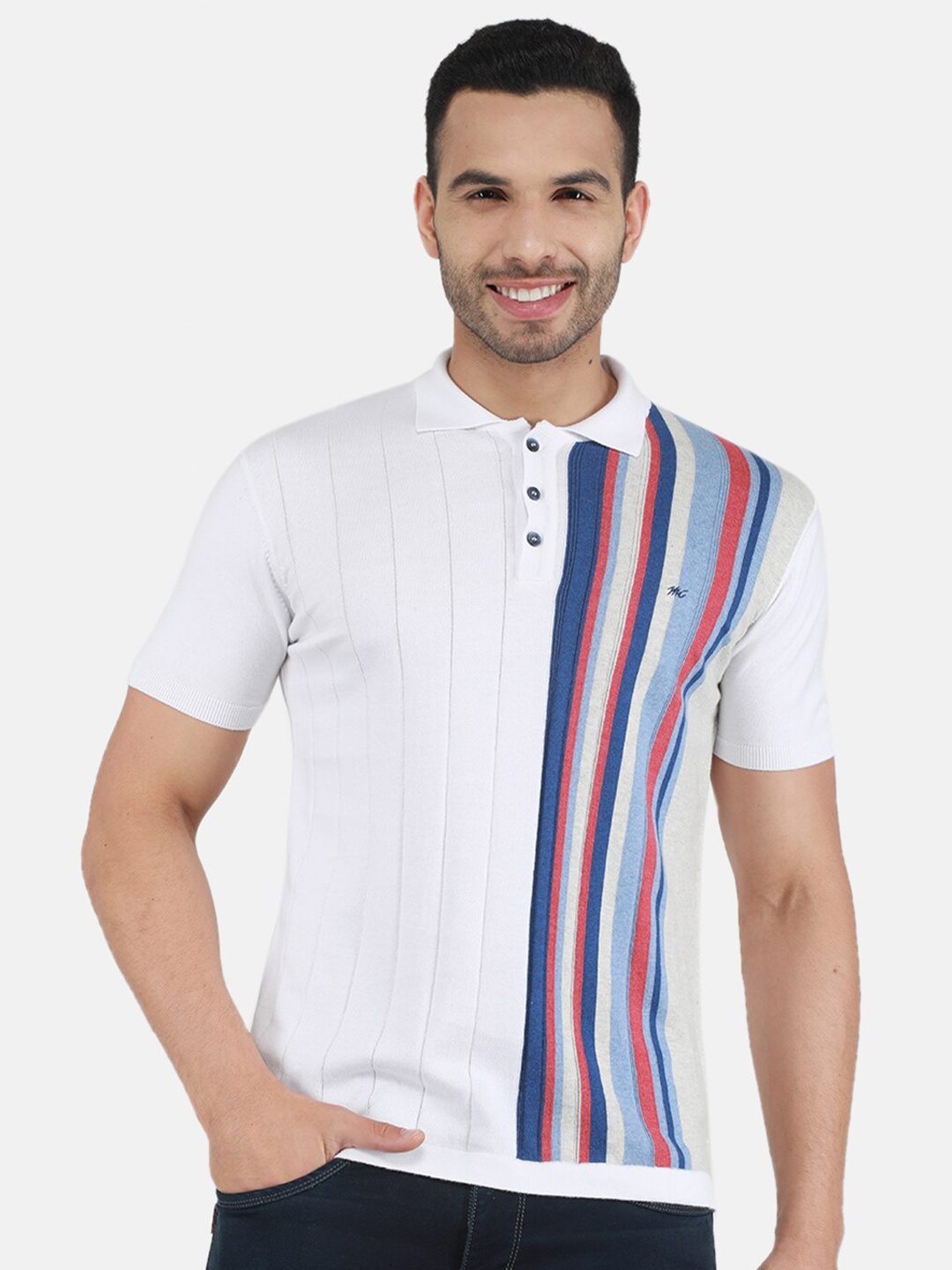 

Monte Carlo Striped Polo Collar T-shirt, White