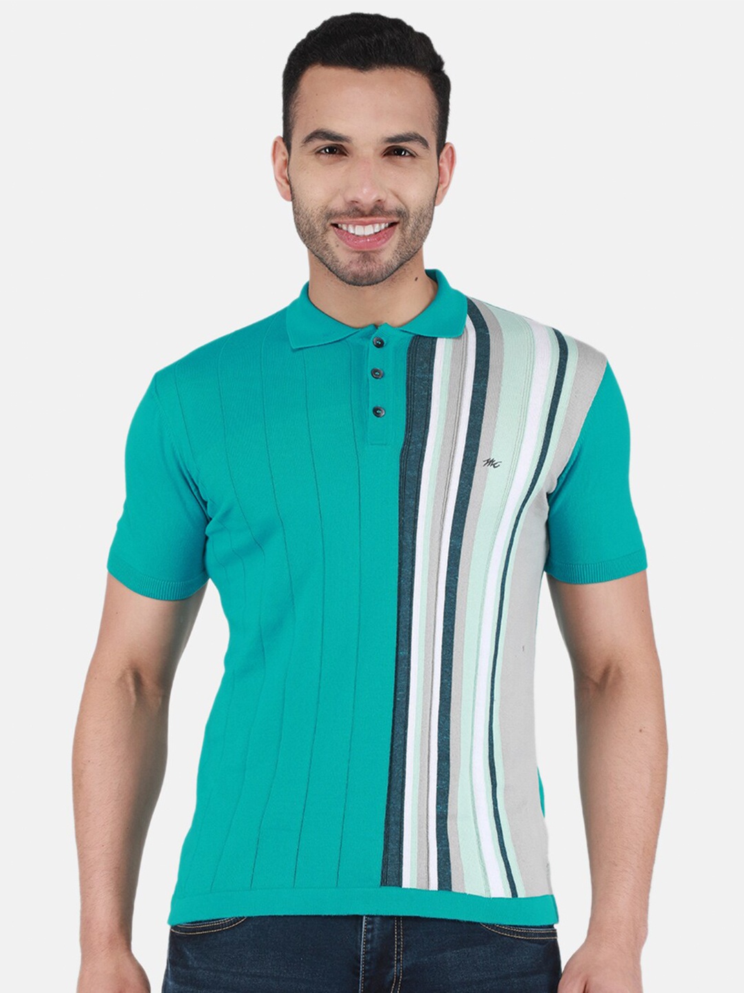 

Monte Carlo Striped Polo Collar T-shirt, Turquoise blue