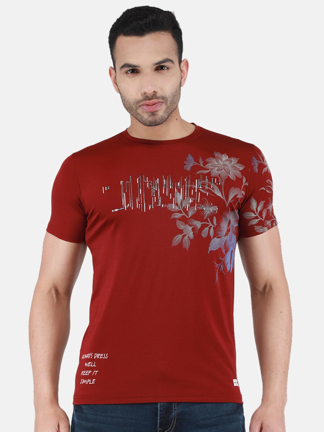 

Monte Carlo Round Neck Floral Printed T-shirt, Red