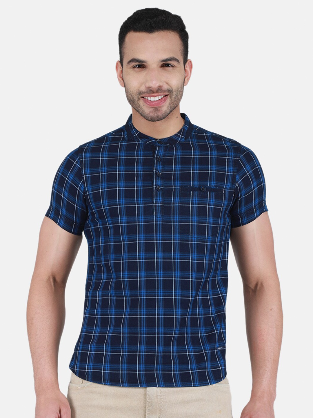 

Monte Carlo Checked Mandarin Collar T-shirt, Navy blue