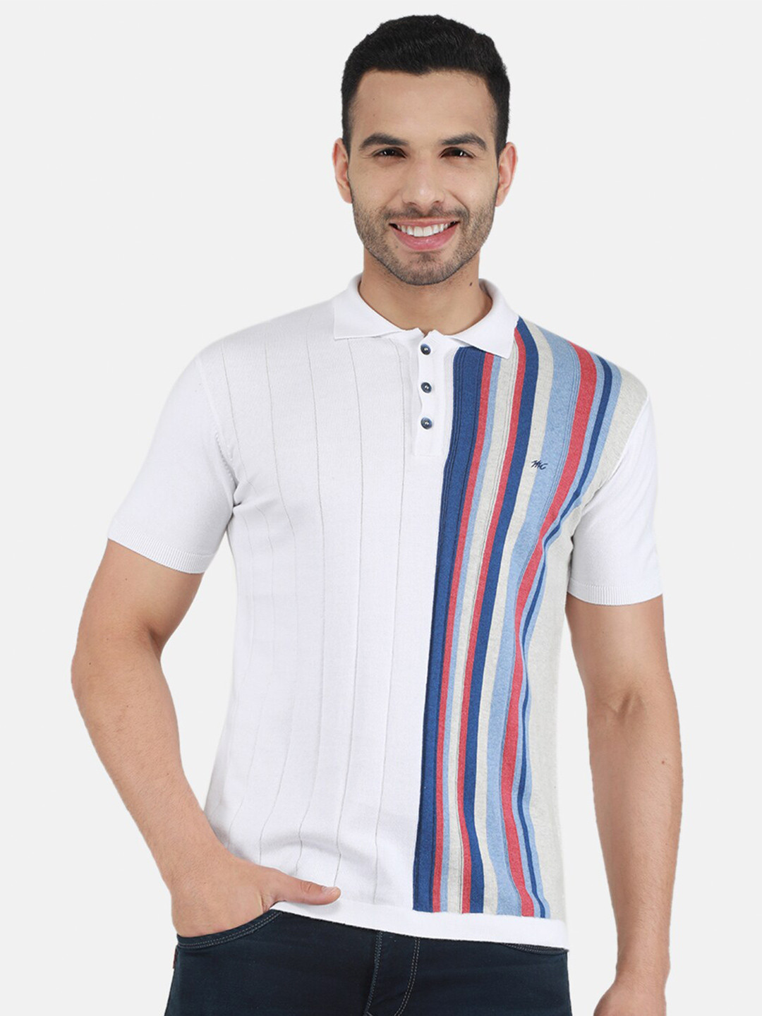 

Monte Carlo Striped Polo Collar T-shirt, White