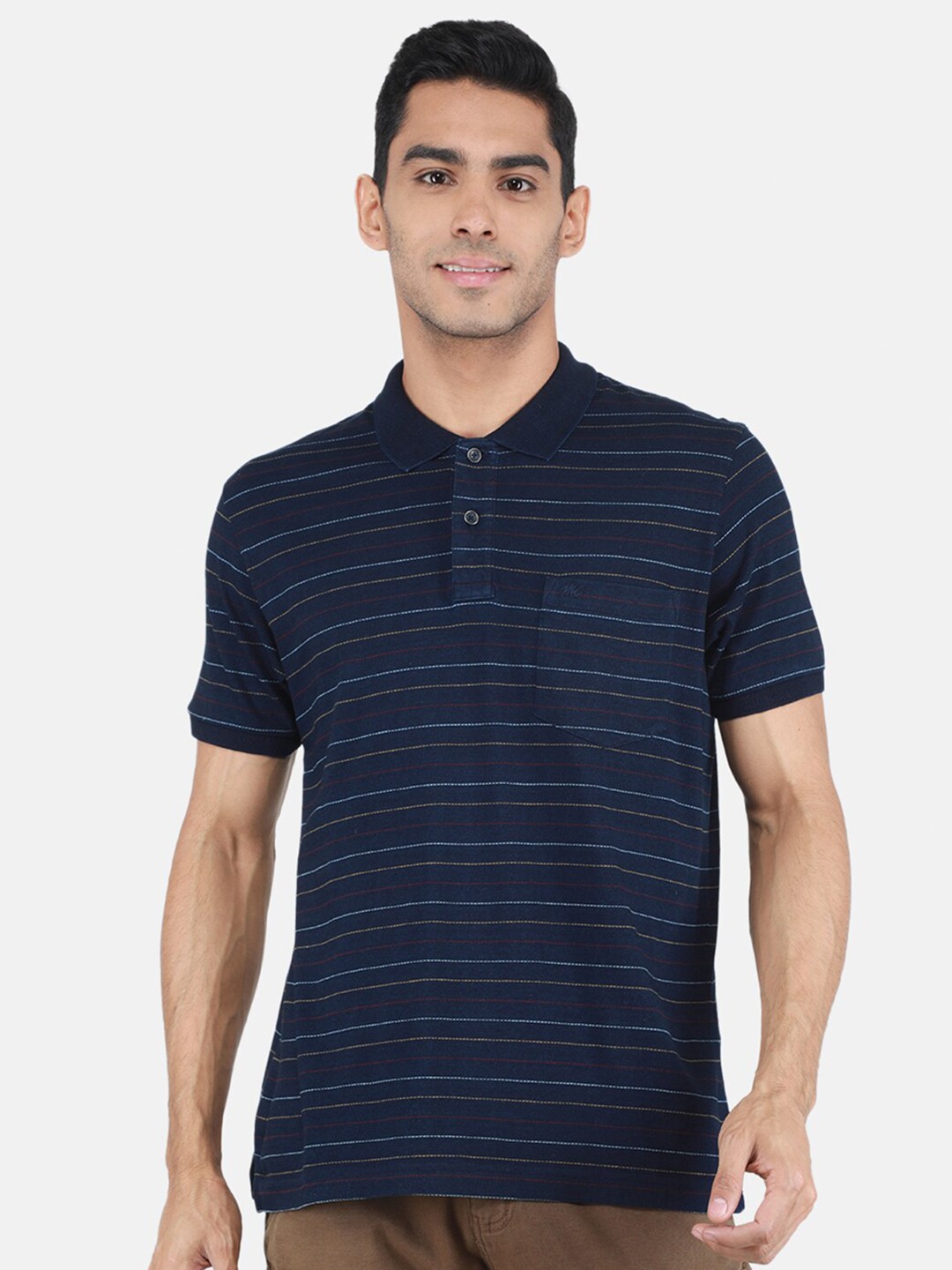 

Monte Carlo Striped Band Collar Polo Collar T-shirt, Navy blue
