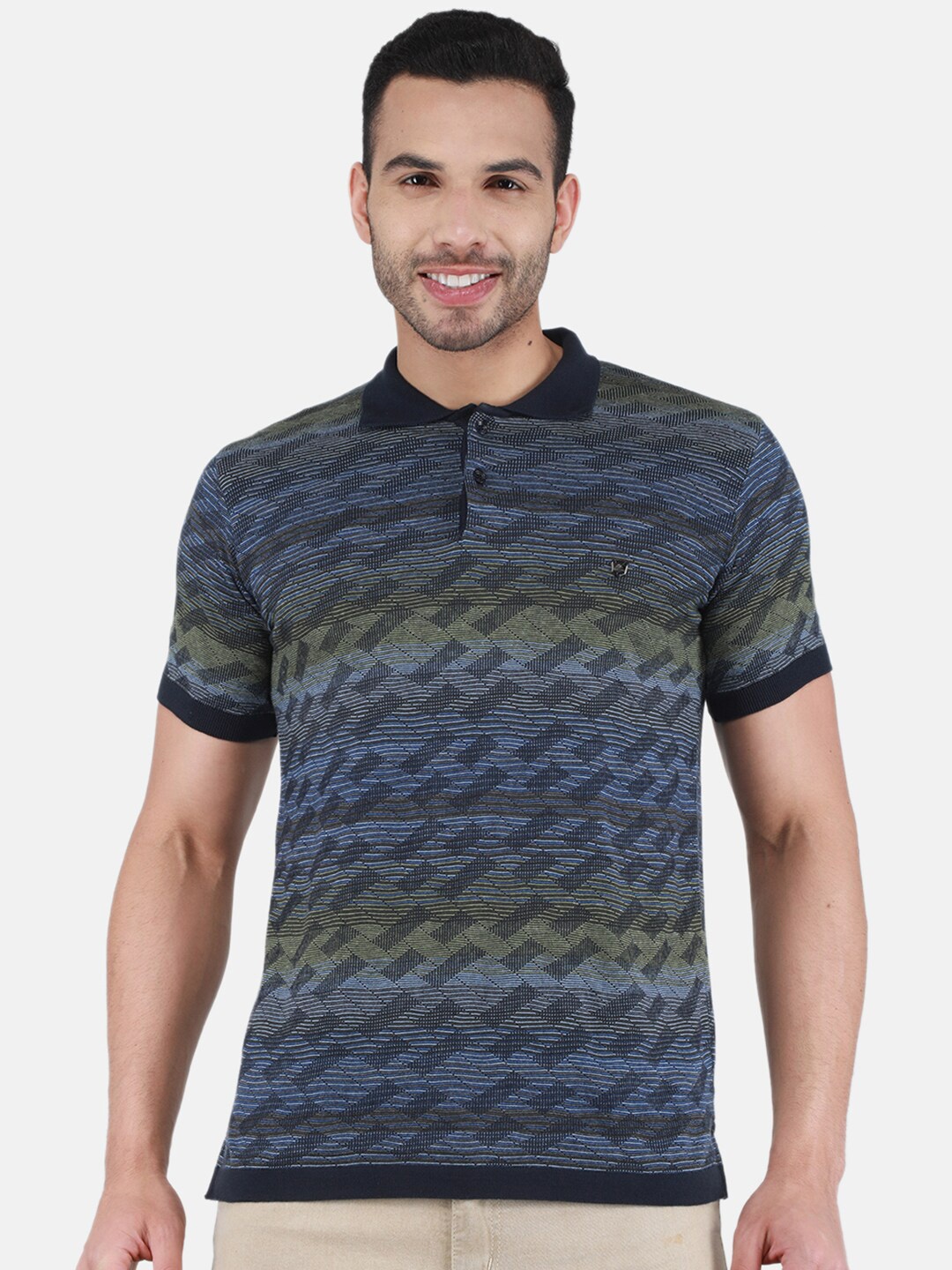 

Monte Carlo Self Design Polo Collar T-shirt, Navy blue